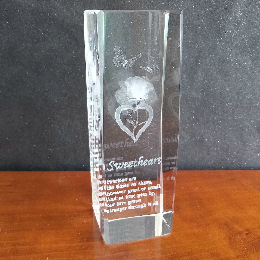 Etched crystal sweetheart figurine with a heart, rose and butterflies